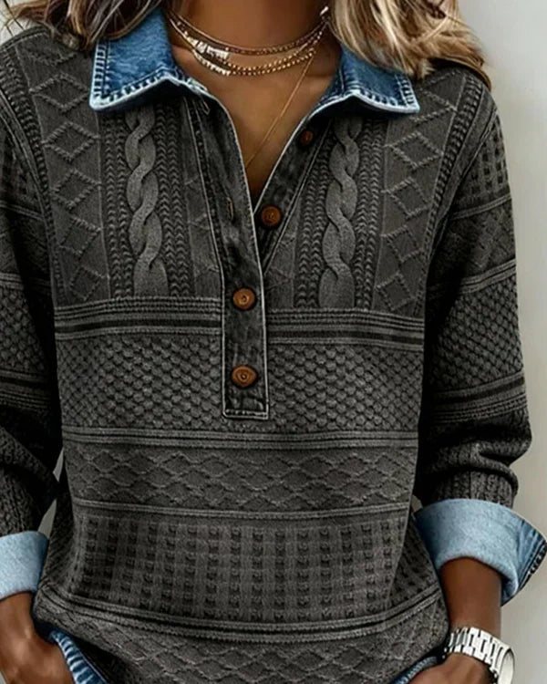 Velmora™ | Textured Knit Button-Collar Top