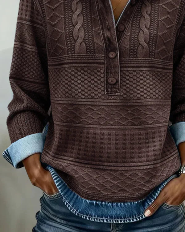 Velmora™ | Textured Knit Button-Collar Top